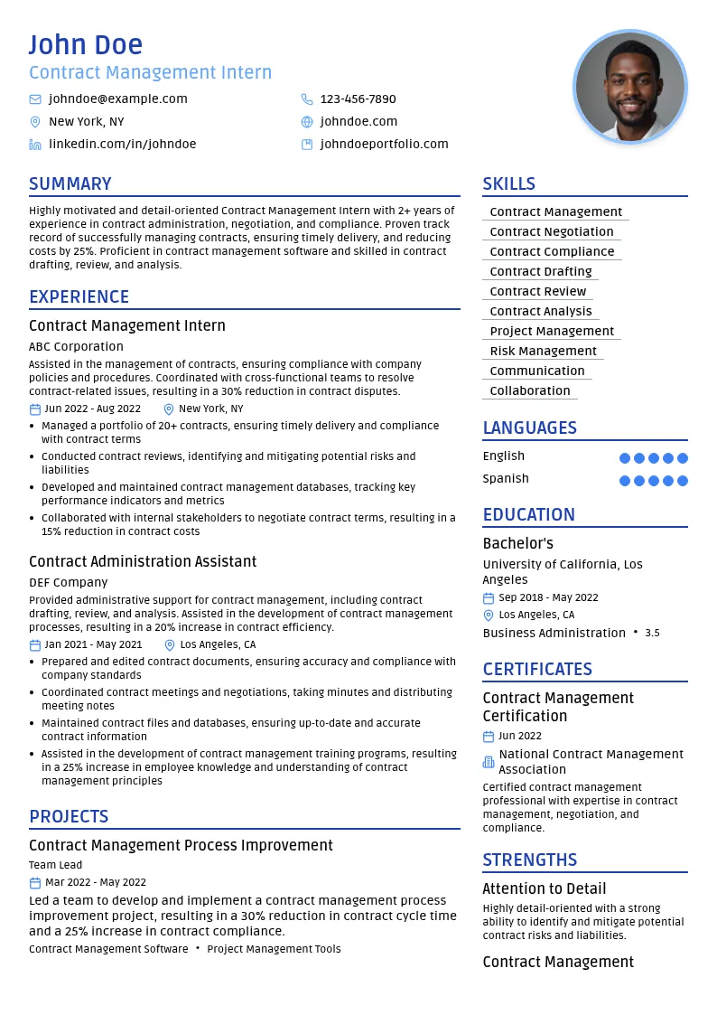 Contract Management Intern resume example