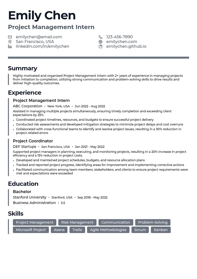 Project Management Intern resume example