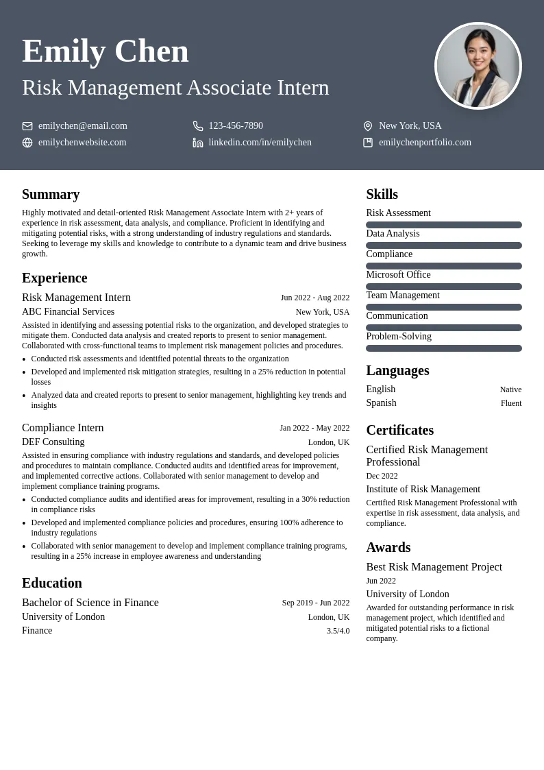 Risk Management Associate Intern resume example