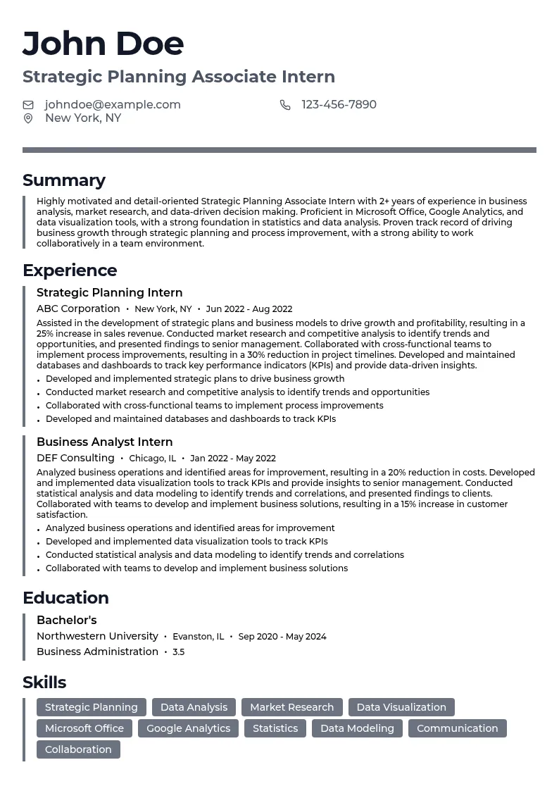 Strategic Planning Associate Intern resume example