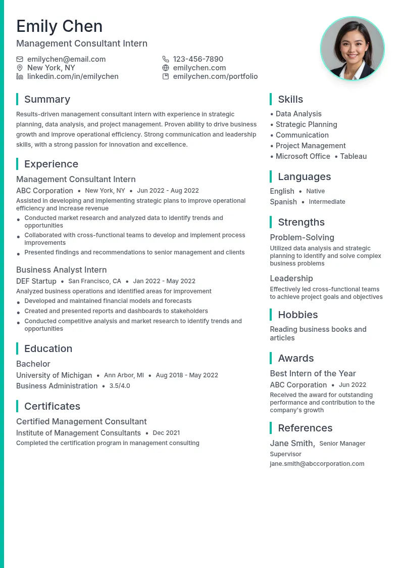 Management Consultant Intern resume example
