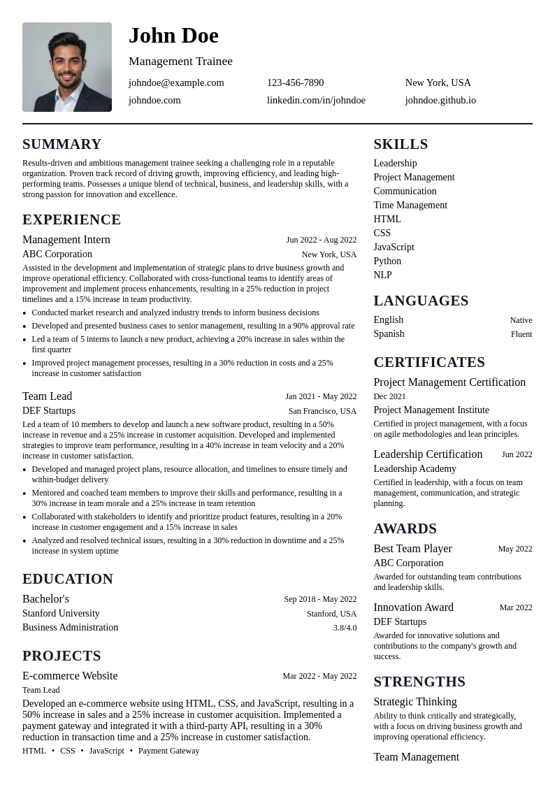 Management Training Program resume example