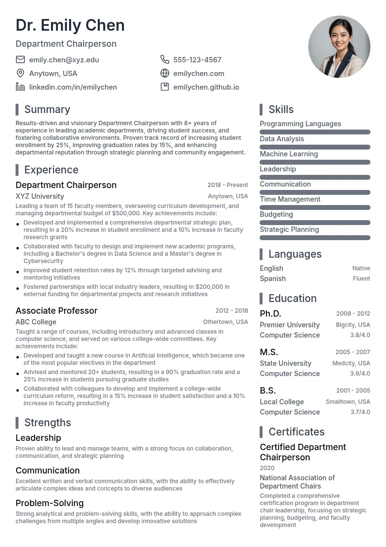 Department Chairperson resume example