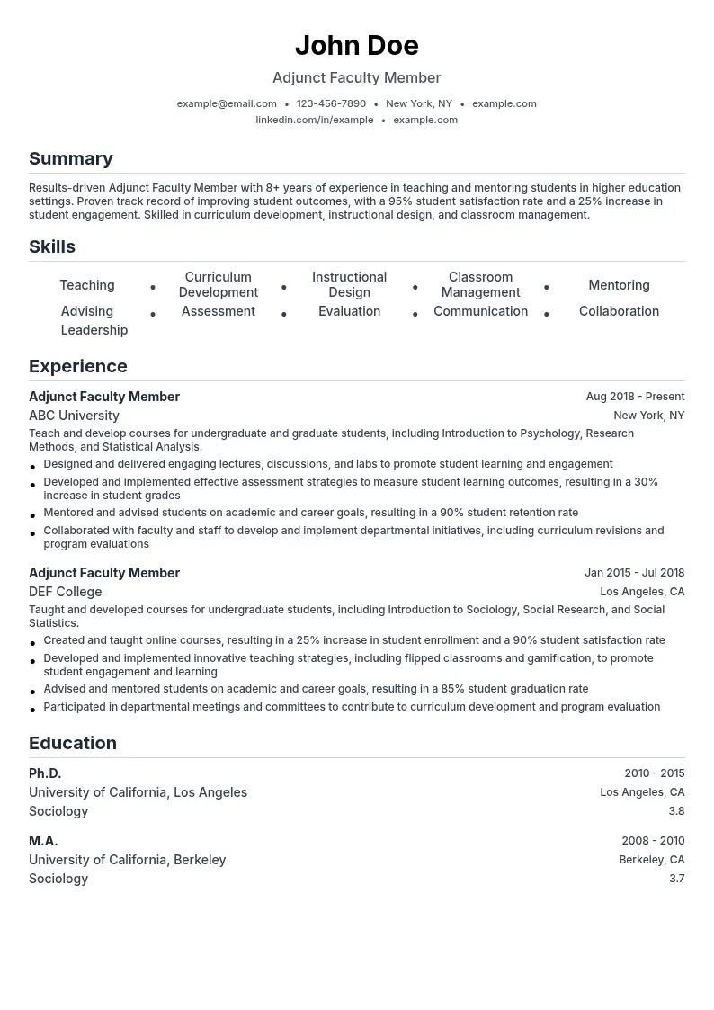 Adjunct Faculty Member resume example