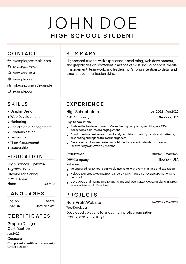 High School Intern resume example