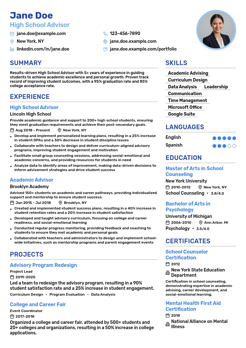 High School Advisor resume example