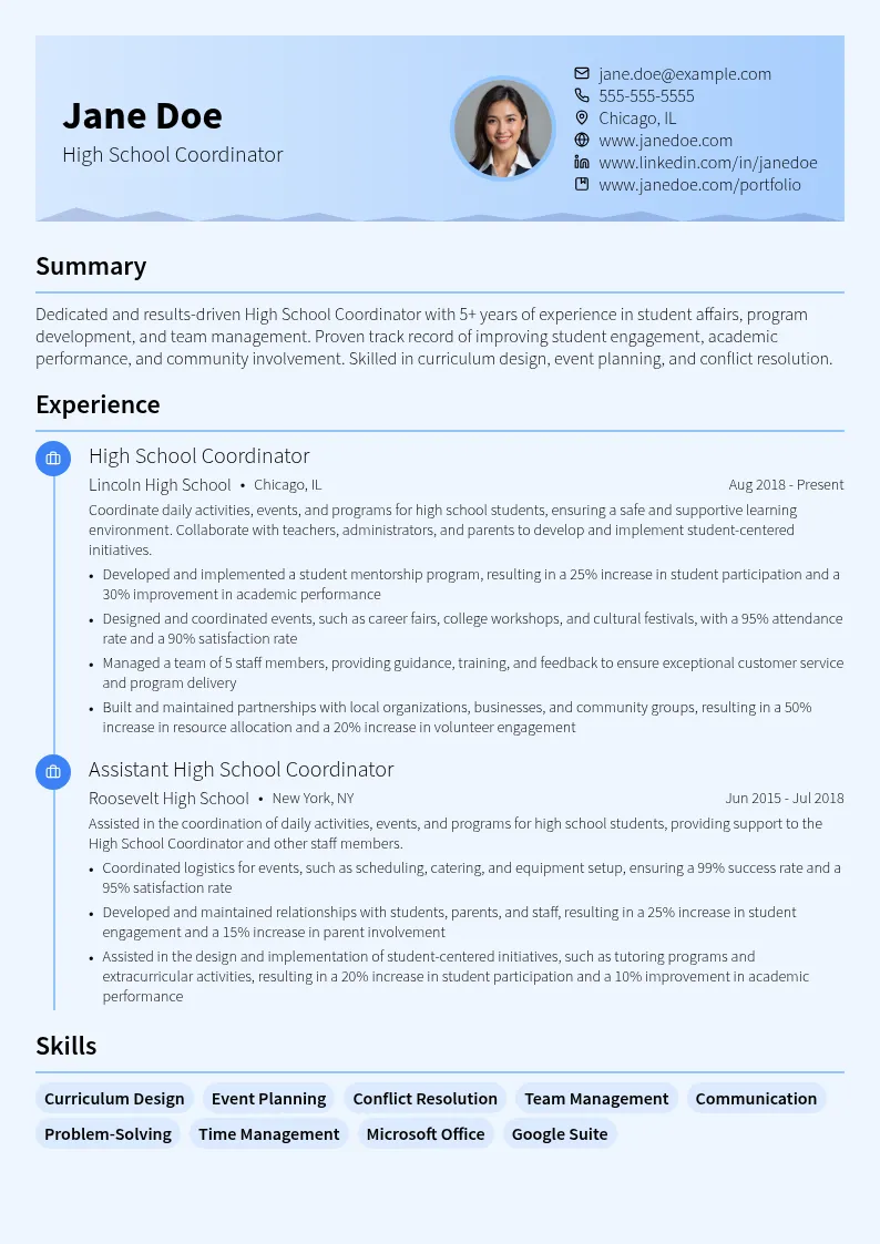 High School Coordinator resume example