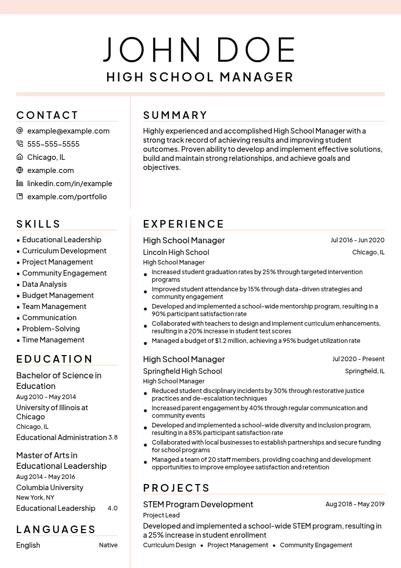 High School Manager resume example
