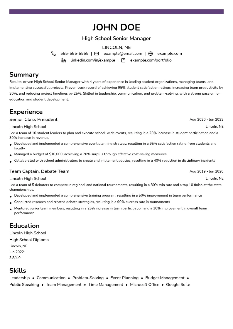 High School Senior Manager resume example