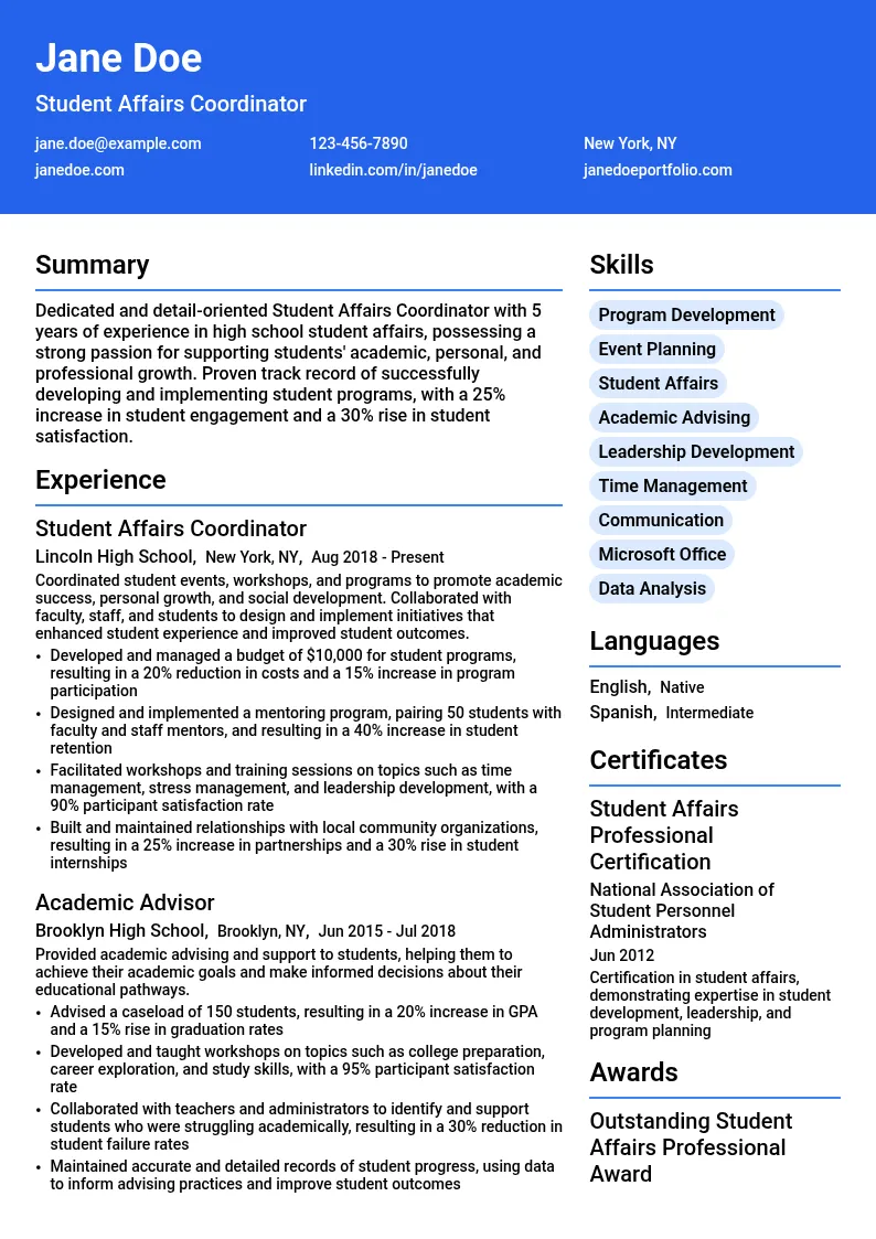 Student Affairs Coordinator resume example