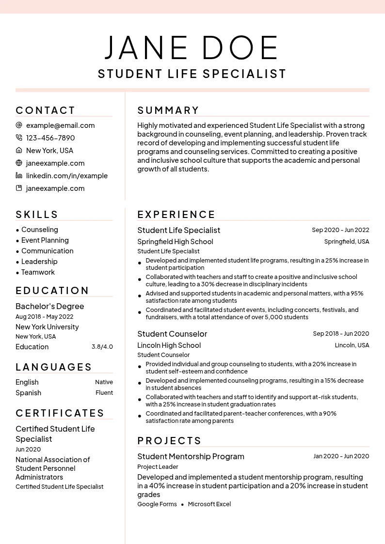 Student Life Specialist resume example