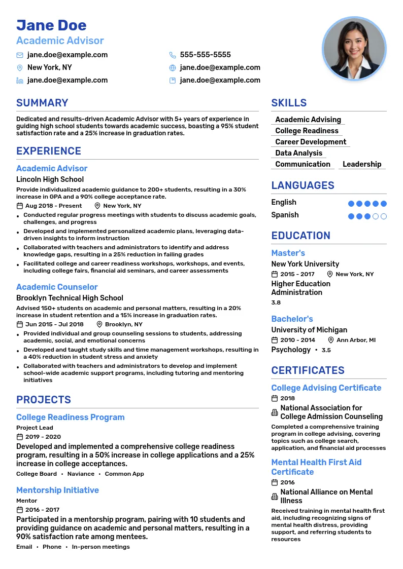 Academic Advisor - High School resume example