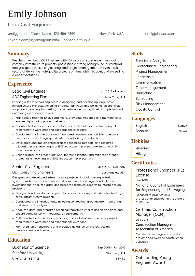 Lead Civil Engineer resume example