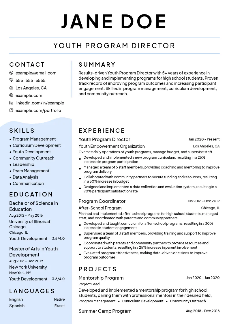 Youth Program Director resume example