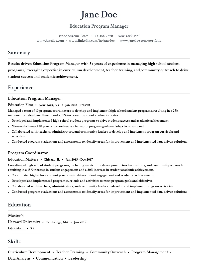 Education Program Manager resume example