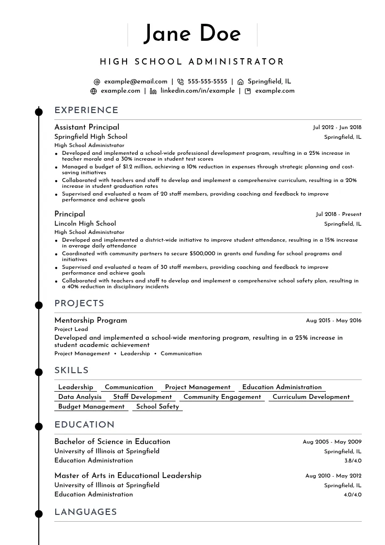 High School Administrator resume example