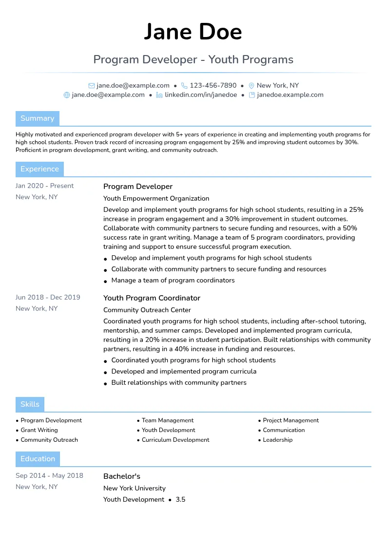 Program Developer - Youth Programs resume example