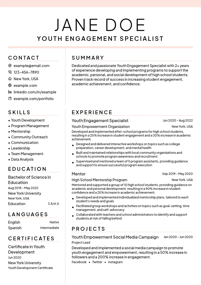 Youth Engagement Specialist resume example