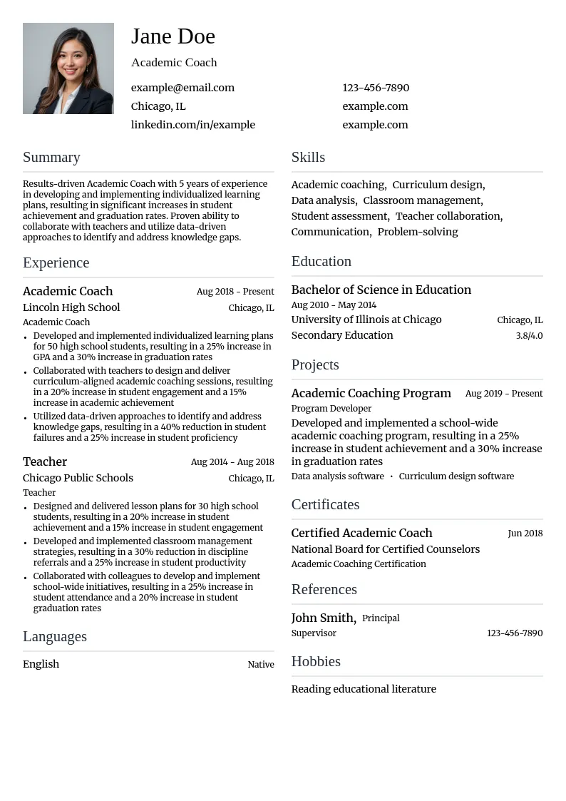 Academic Coach - High School resume example