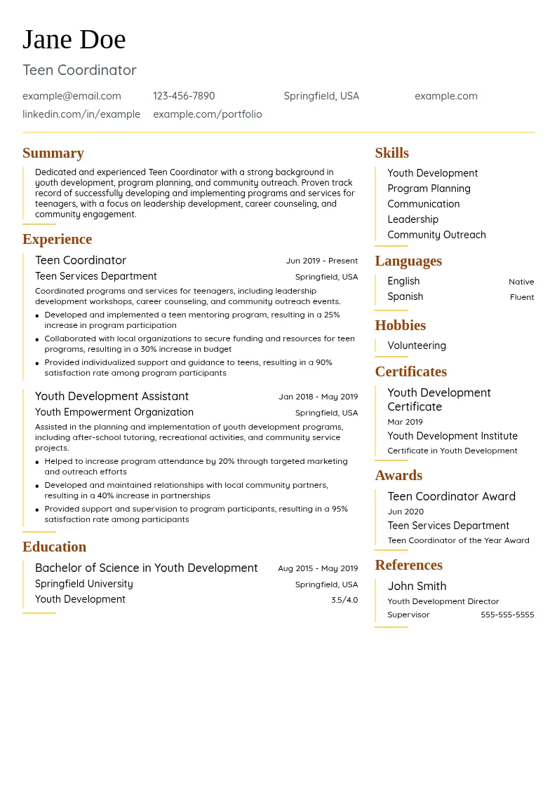 Teen Coordinator resume example