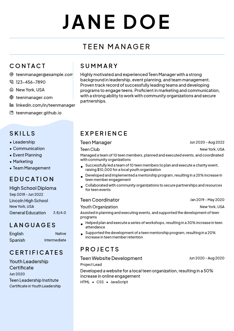 Teen Manager resume example