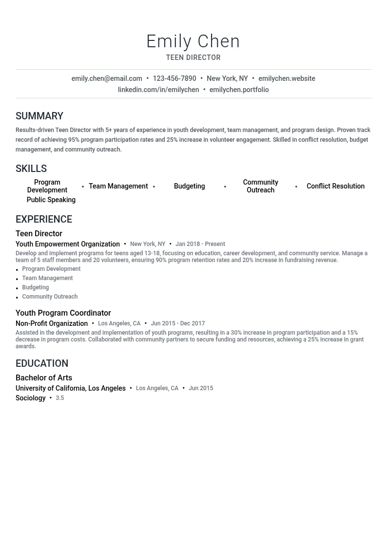 Teen Director resume example