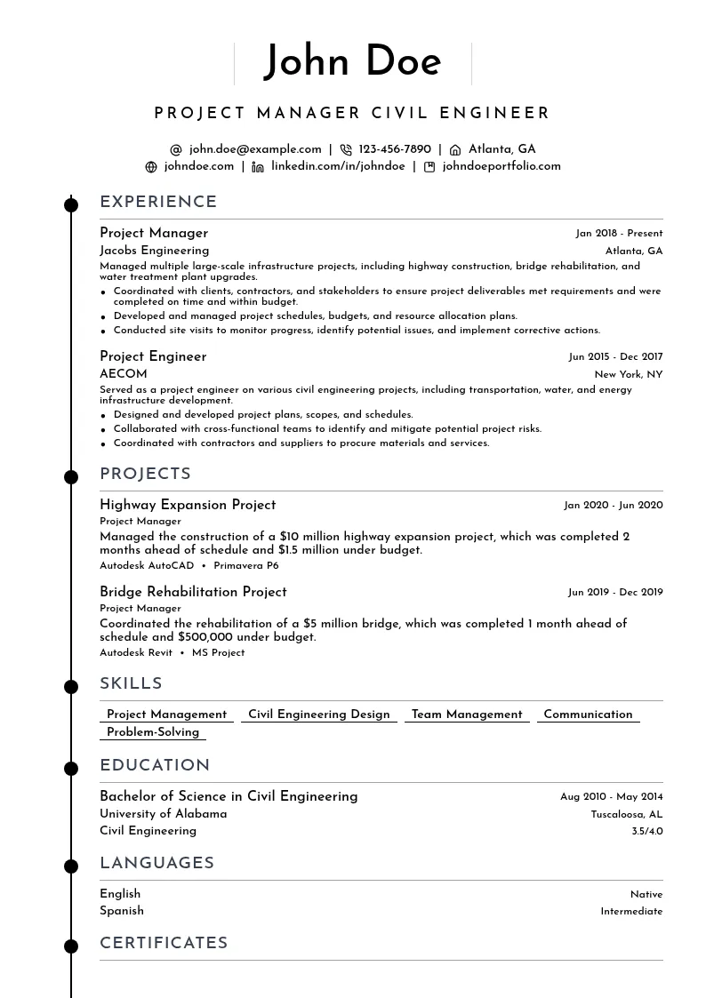Project Manager Civil Engineer resume example