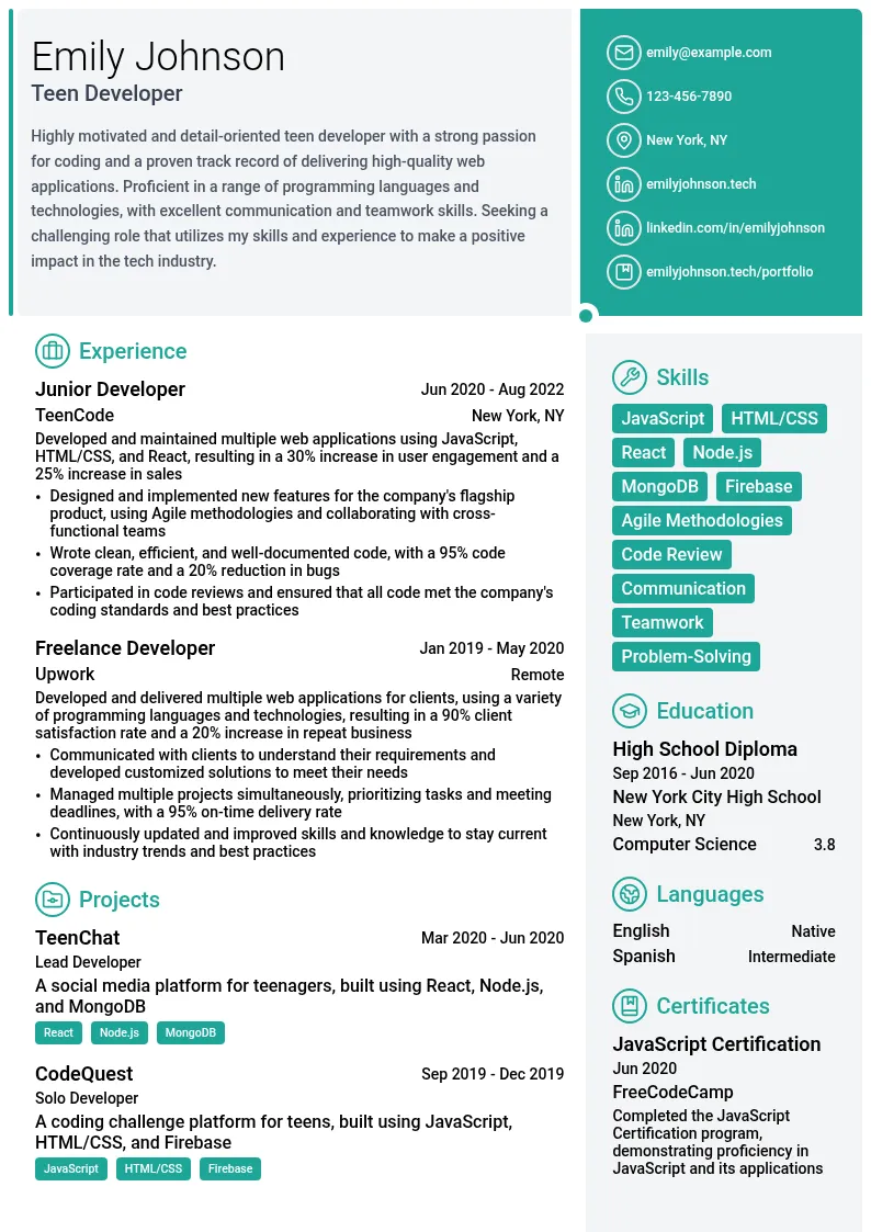 Teen Developer resume example