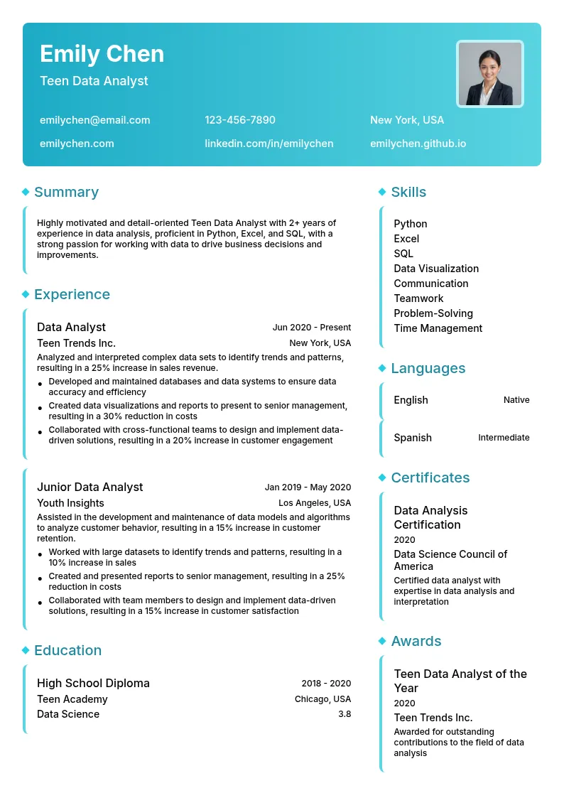 Teen Data Analyst resume example