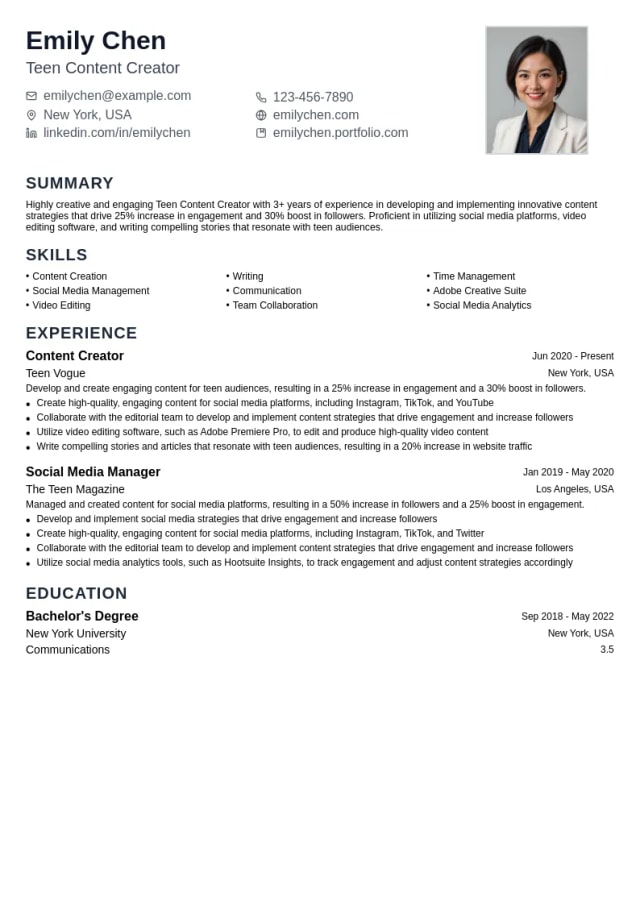 Teen Content Creator resume example