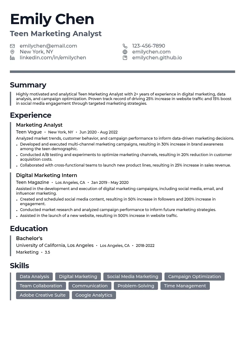 Teen Marketing Analyst resume example