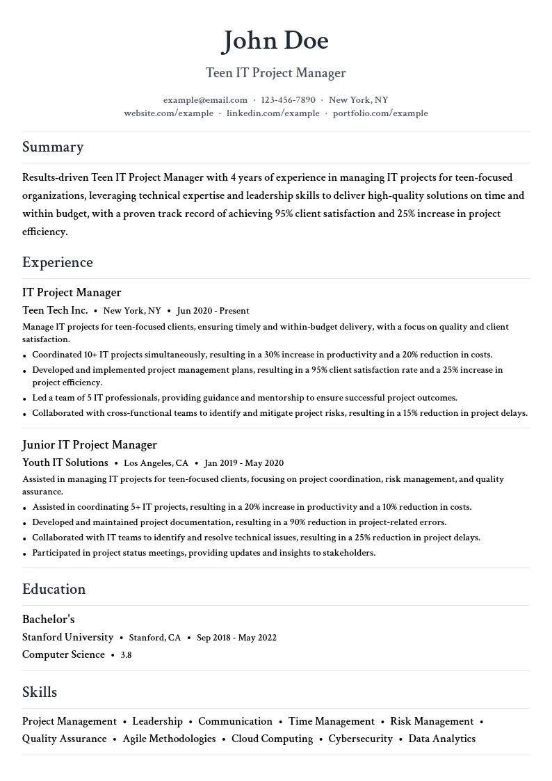 Teen IT Project Manager resume example