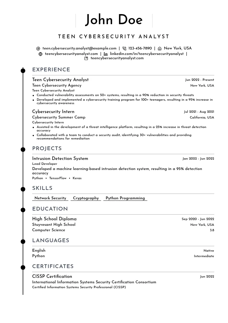 Teen Cybersecurity Analyst resume example