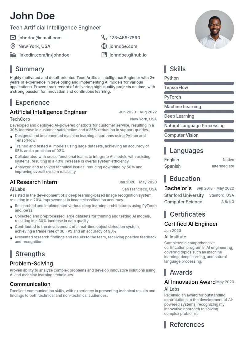 Teen Artificial Intelligence Engineer resume example