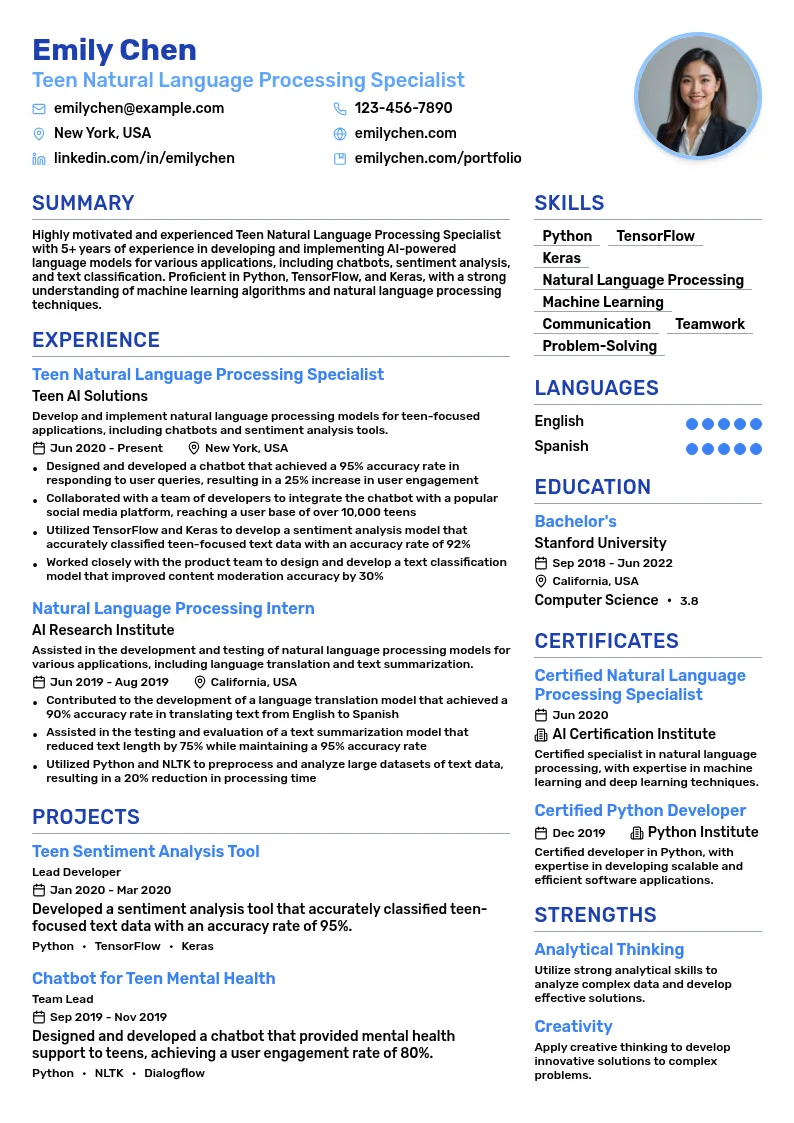 Teen Natural Language Processing Specialist resume example