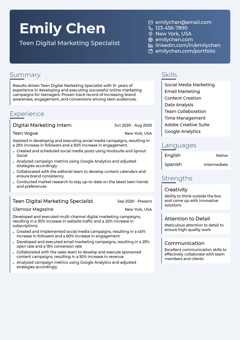 Teen Digital Marketing Specialist resume example