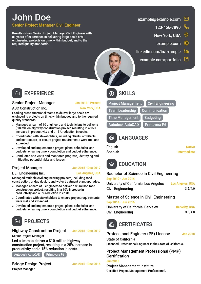 Senior Project Manager Civil Engineer resume example