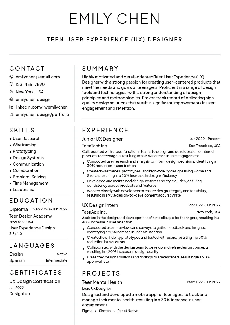 Teen User Experience (UX) Designer resume example