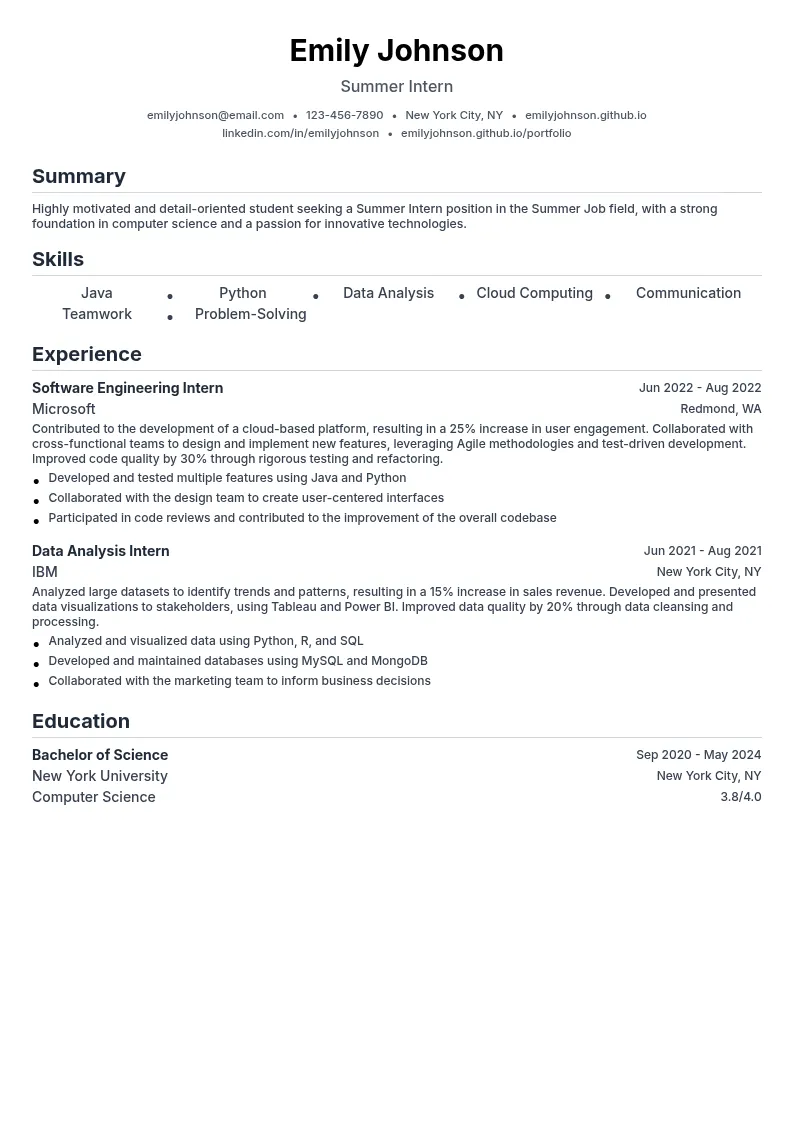 Summer Intern resume example