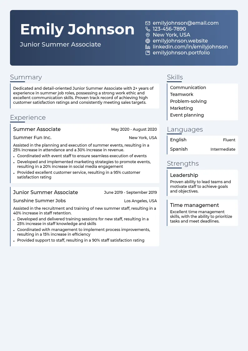 Junior Summer Associate resume example