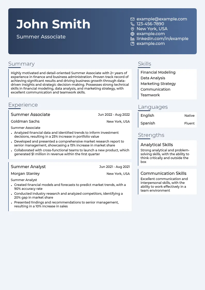 Summer Associate resume example