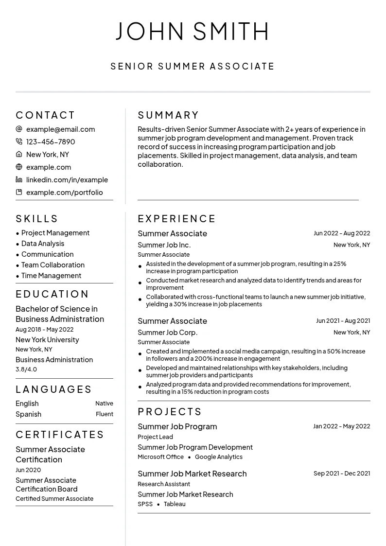 Senior Summer Associate resume example