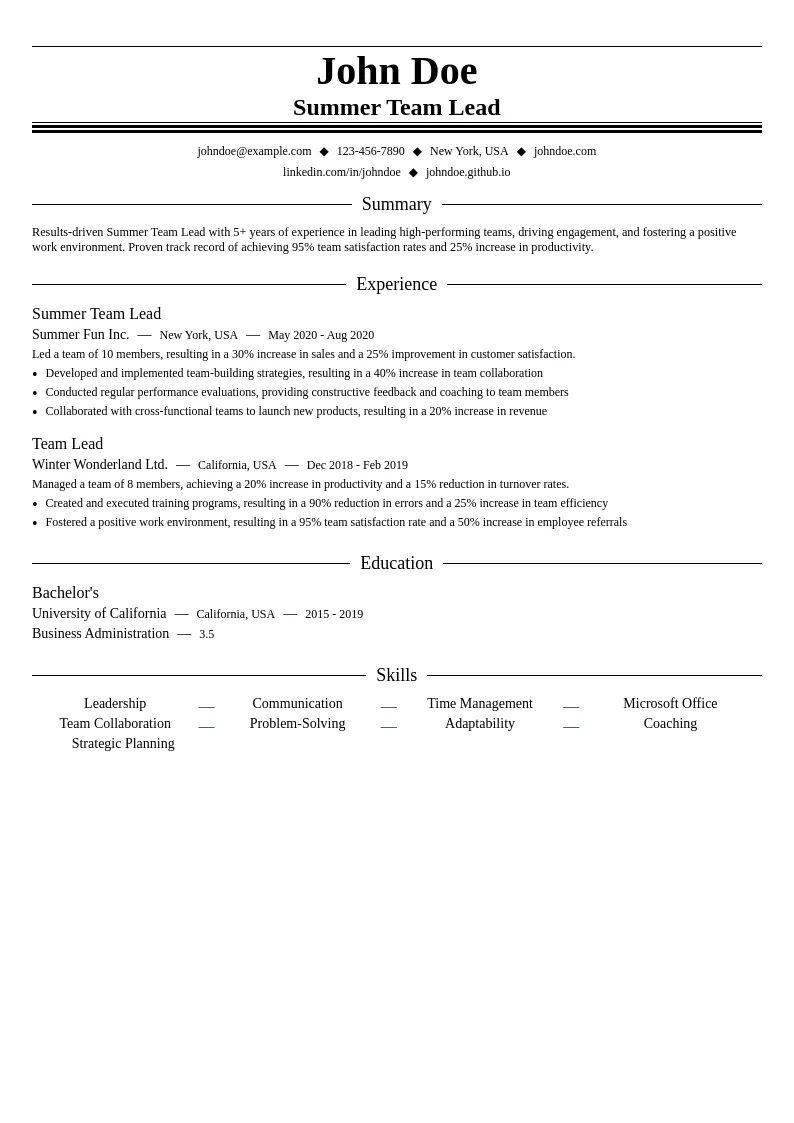 Summer Team Lead resume example