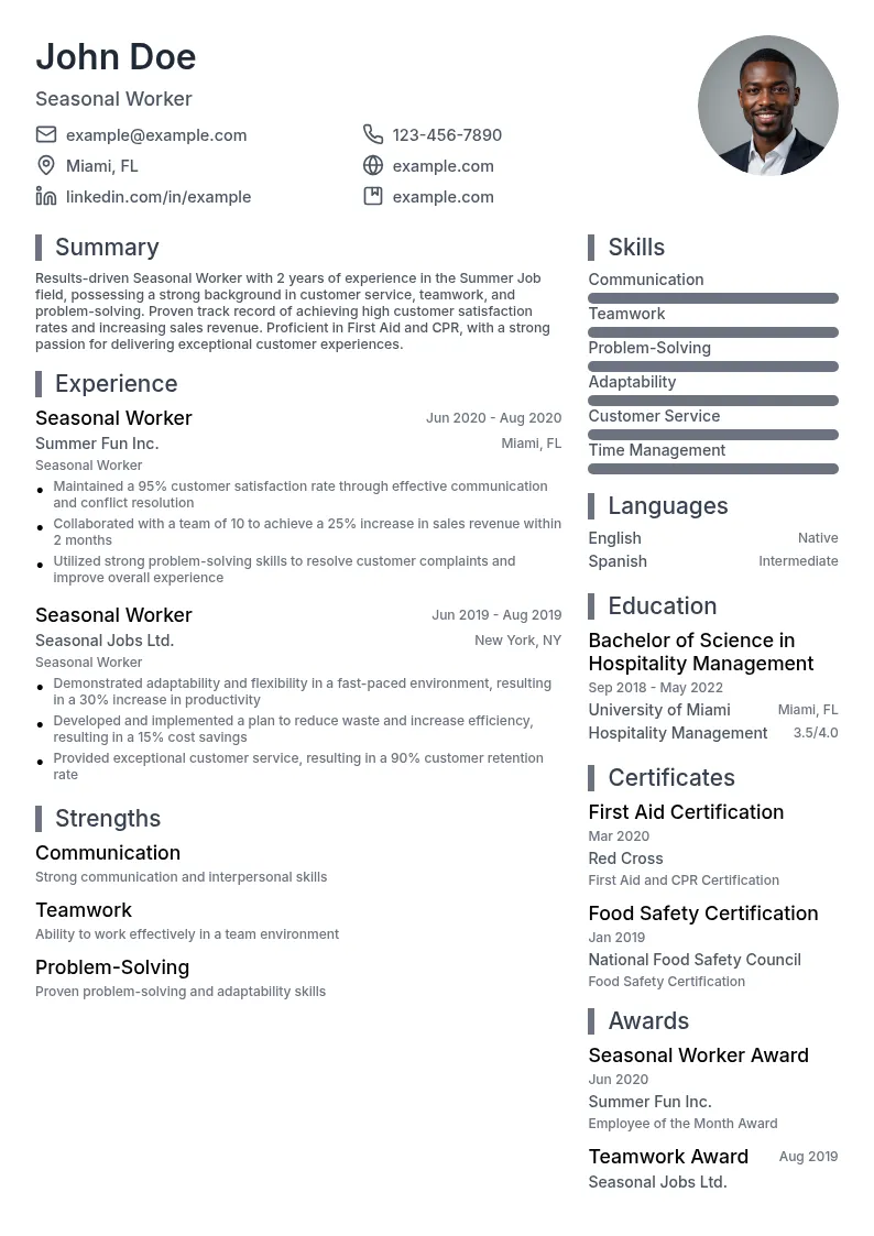Seasonal Worker resume example