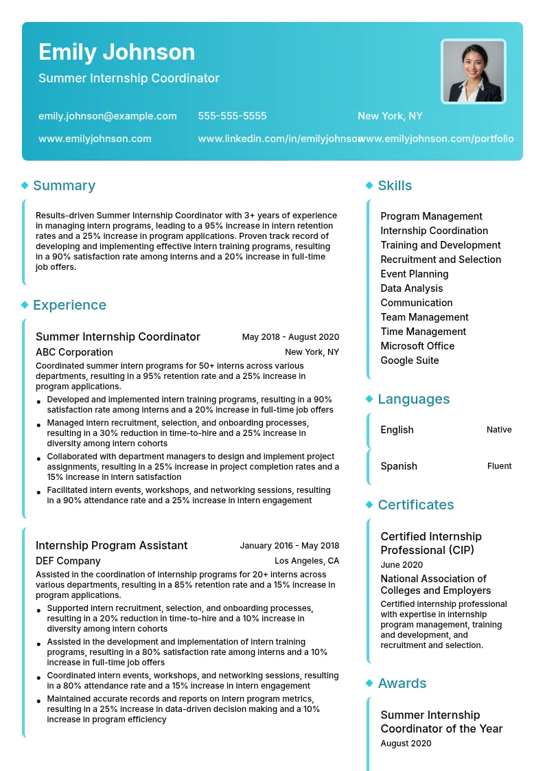 Summer Internship Coordinator resume example