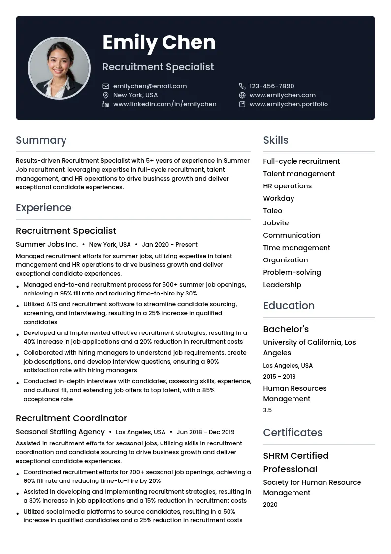 Recruitment Specialist resume example