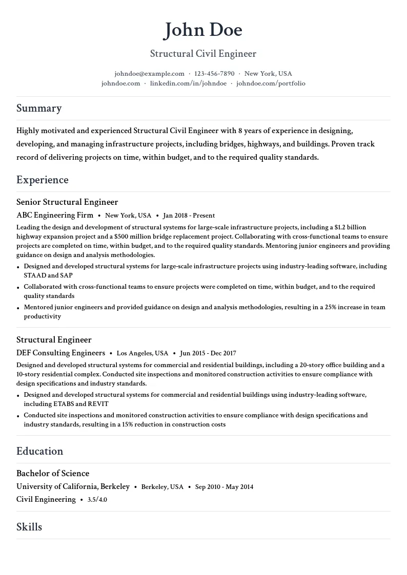 Structural Civil Engineer resume example