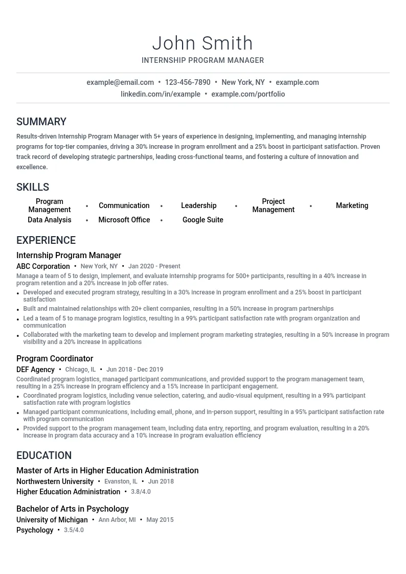 Internship Program Manager resume example