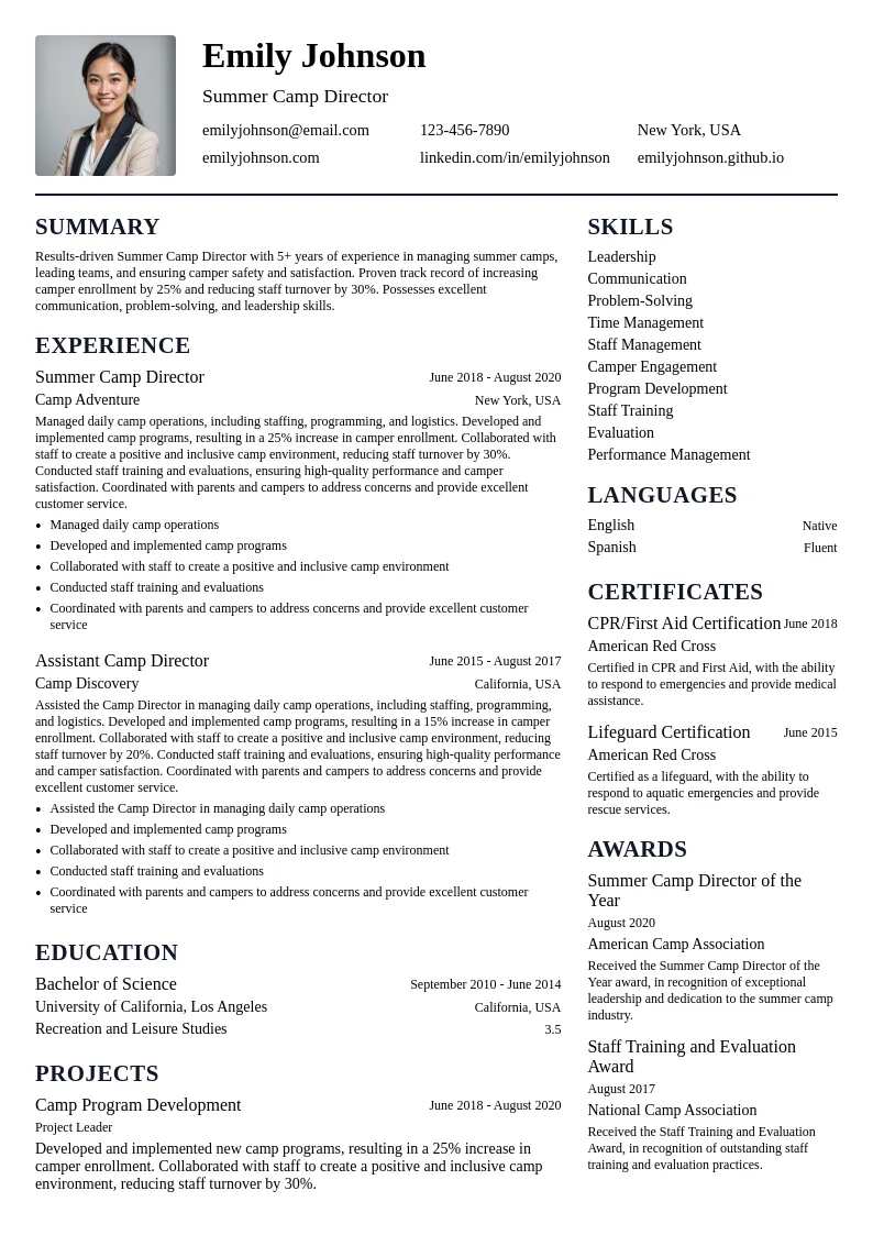 Summer Camp Director resume example