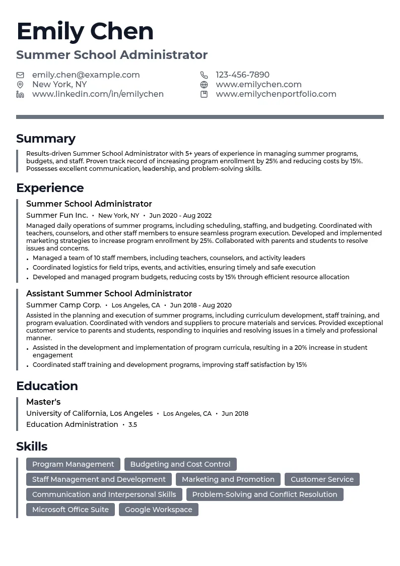 Summer School Administrator resume example